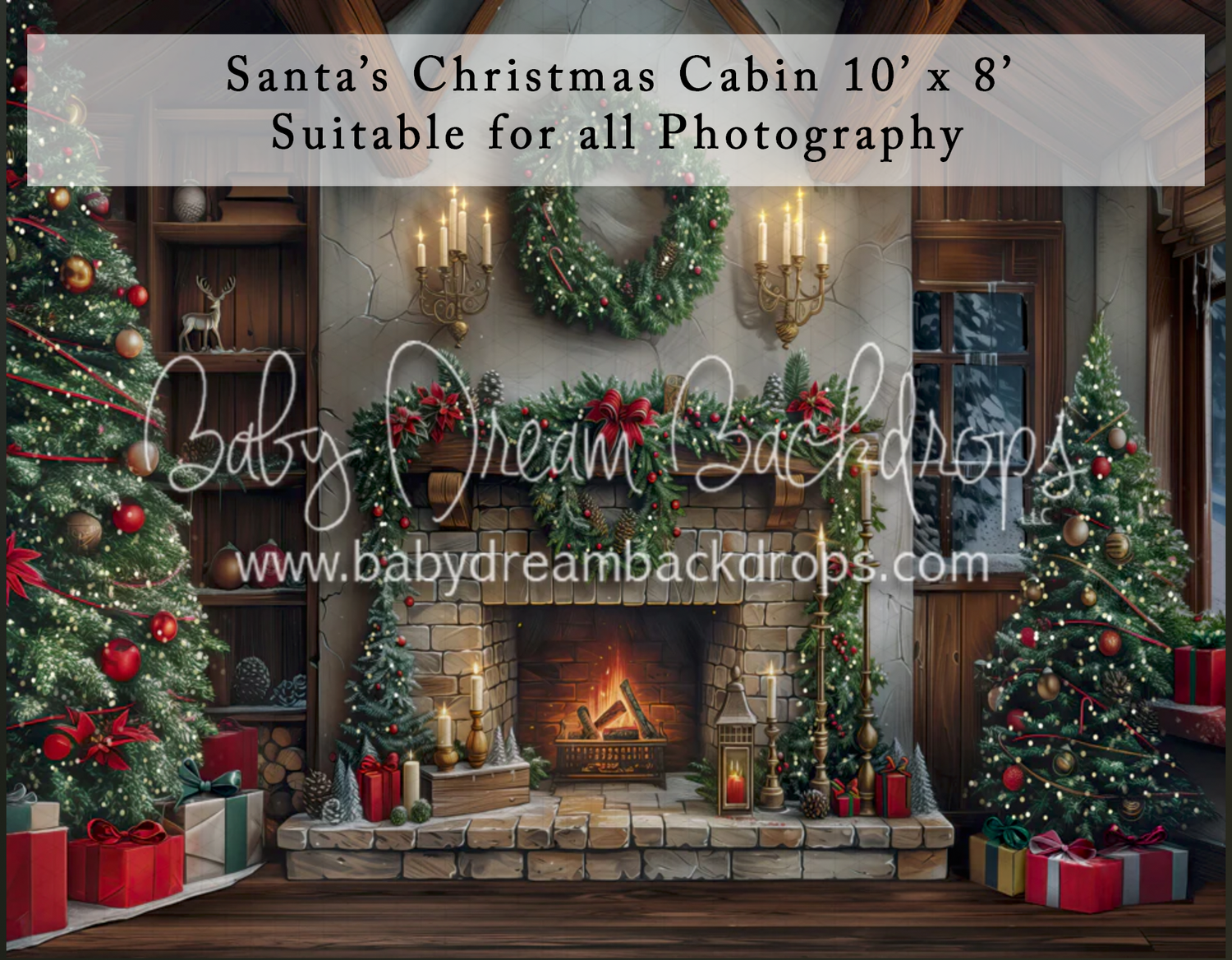 Santa's Christmas Cabin photography backdrop featuring decorated trees, fireplace, and wrapped gifts, 10x8ft.