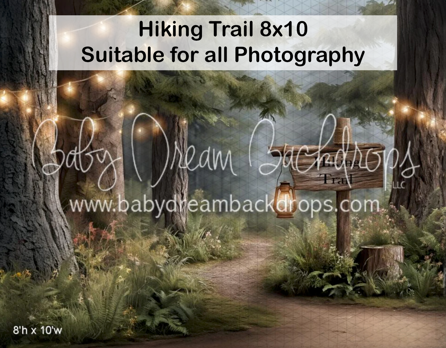 Hiking Trail photography backdrop featuring forest path with string lights and lush greenery, 8x10.