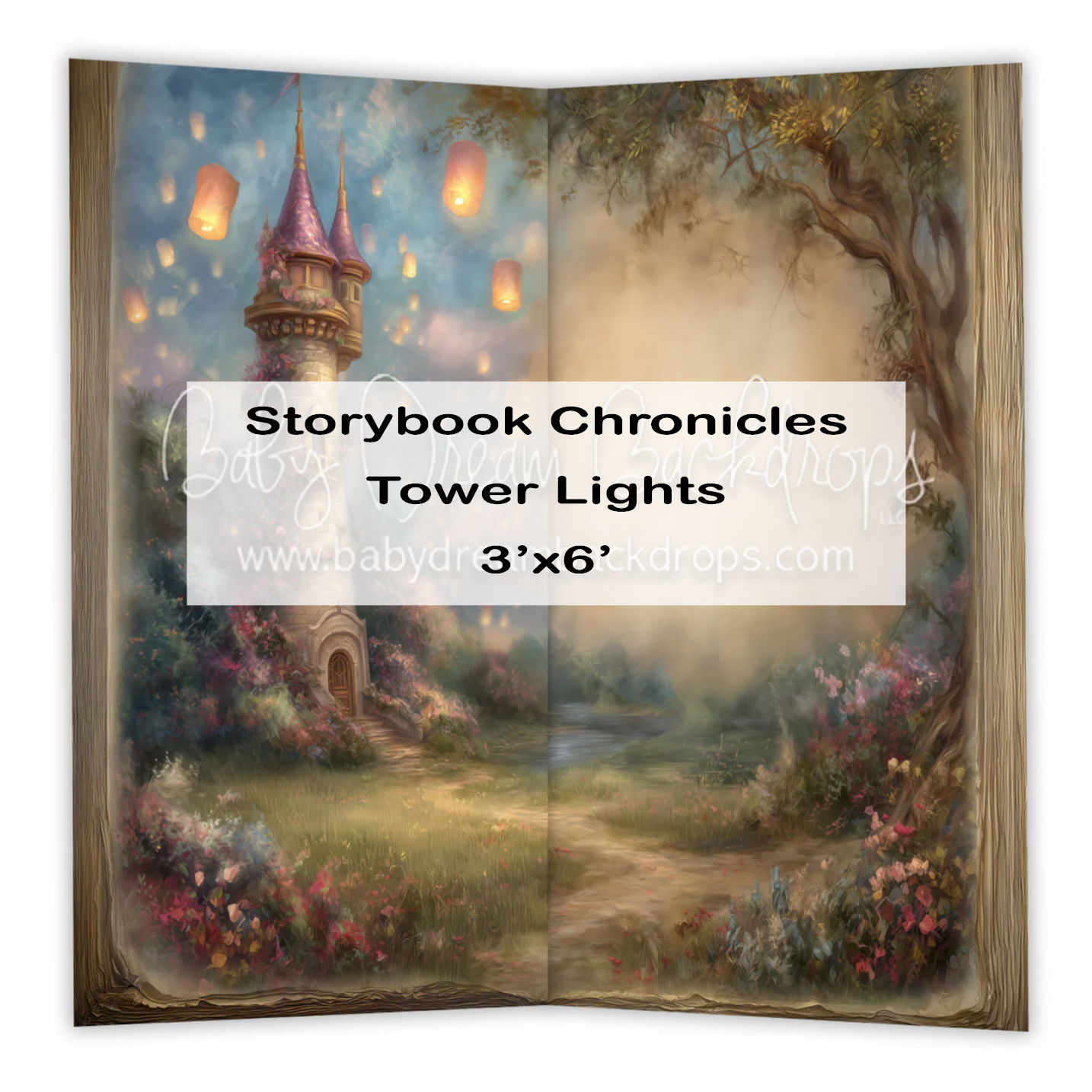 Tower Lights storybook backdrop with Rapunzel-inspired tower, lanterns, and garden, 3x6 ft.