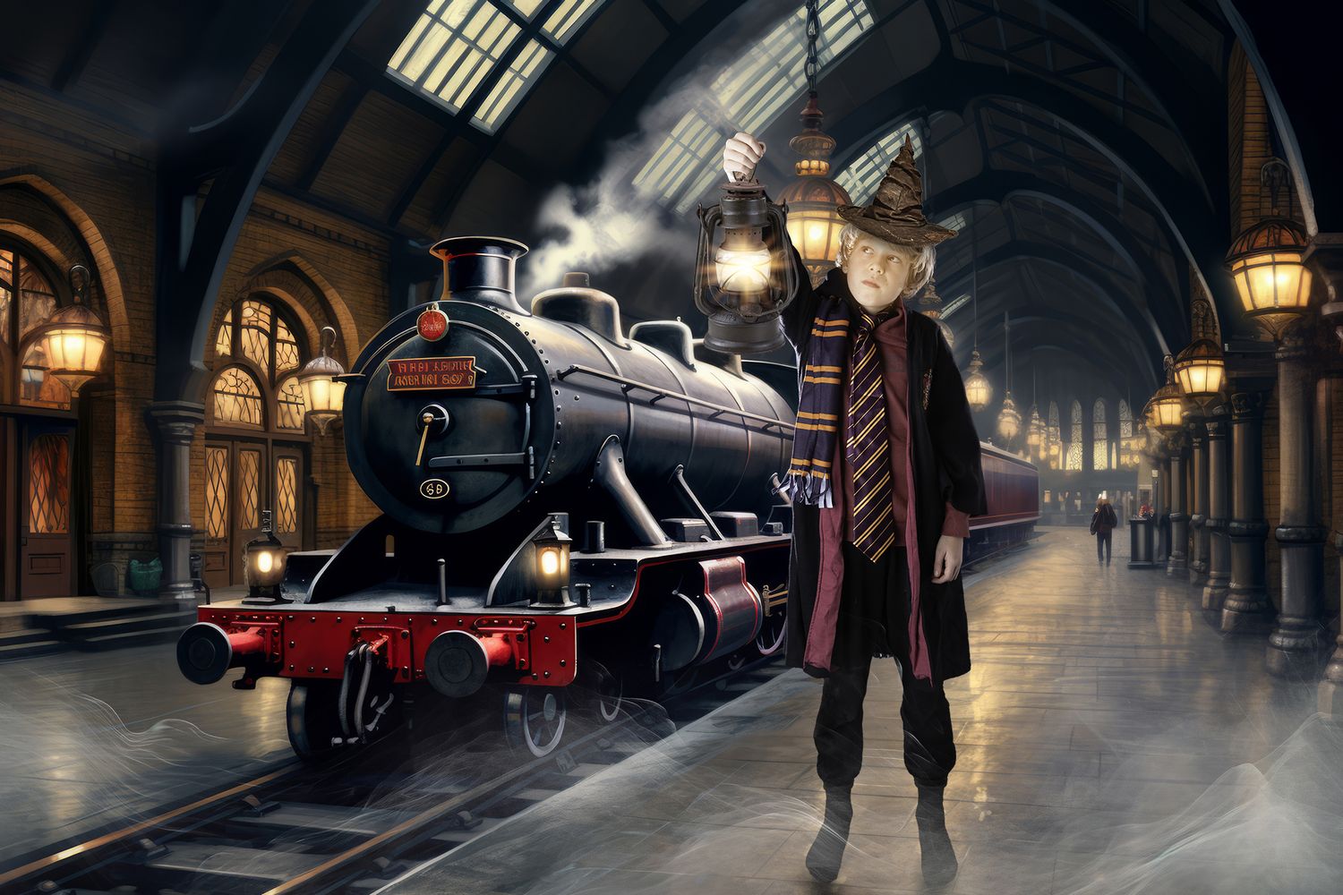 Child in wizard costume waving at a vintage steam train in a grand Victorian railway station.