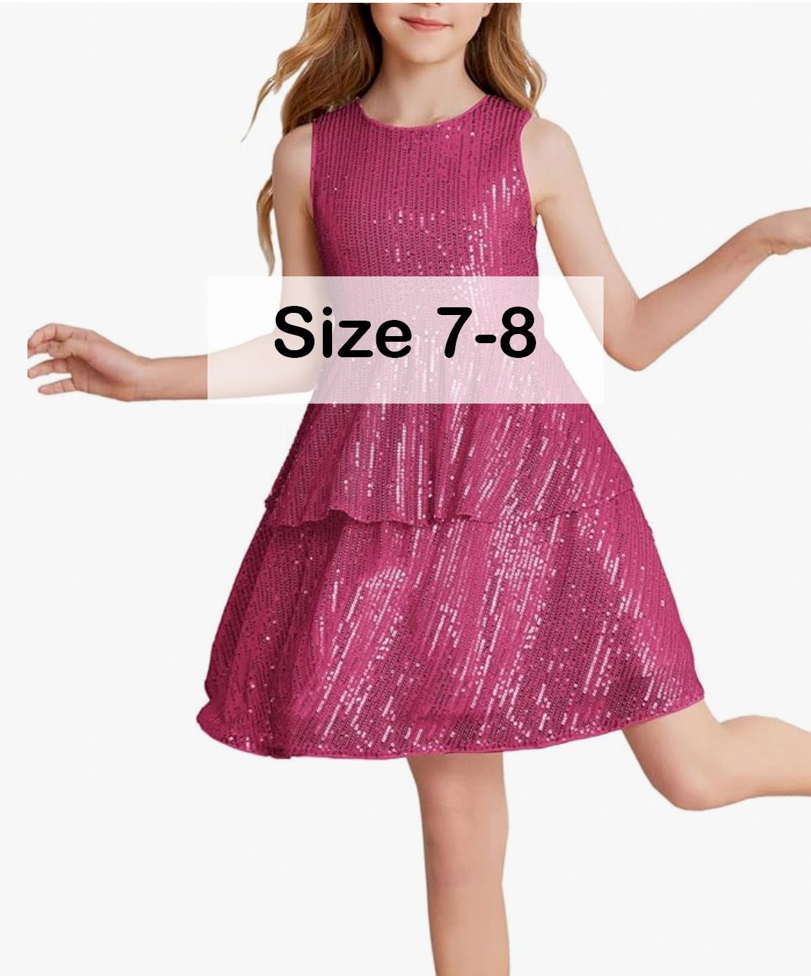 Girls hot pink sequin sleeveless tiered dress, size 7-8.