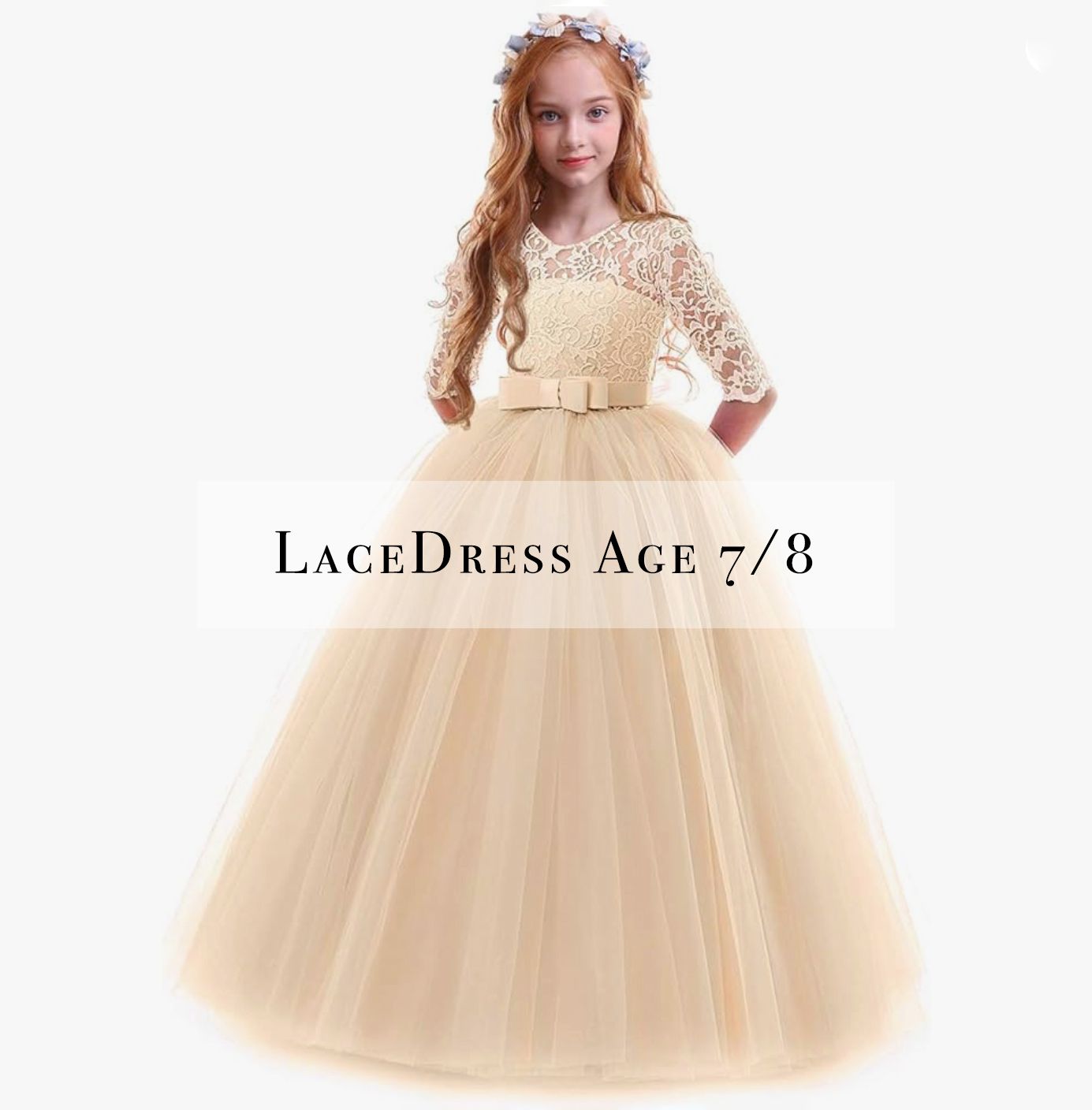 Champagne lace ball gown dress for girls age 7/8 with bow waist.