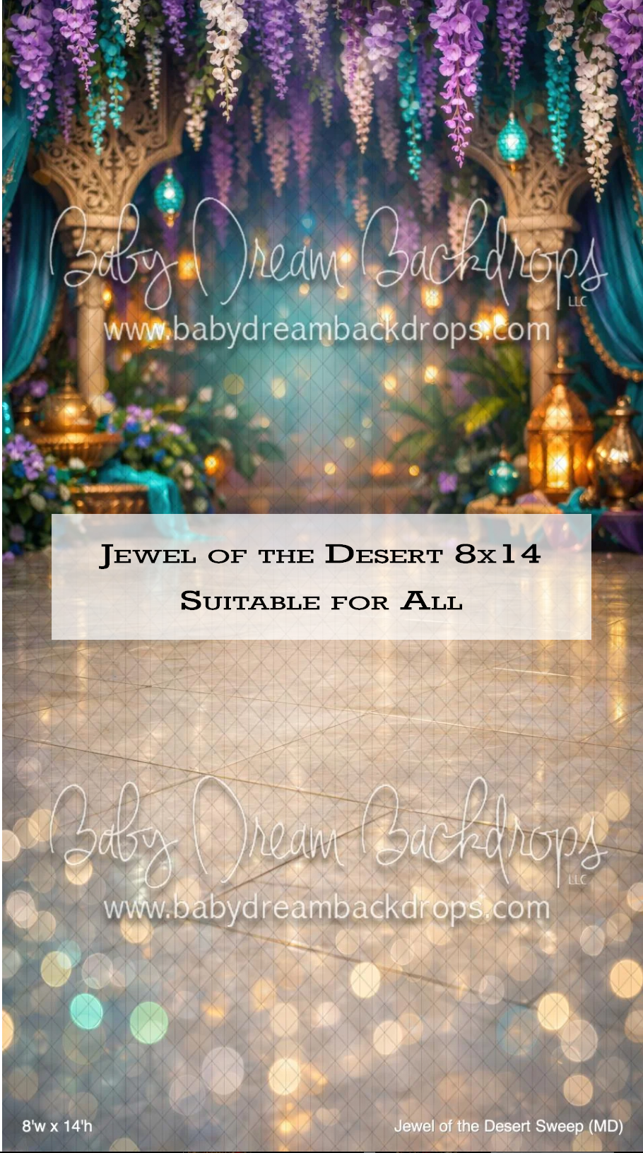 Jewel of the Desert 8x14 photography backdrop with hanging flowers, lanterns, and bokeh floor by Baby Dream Backdrops.