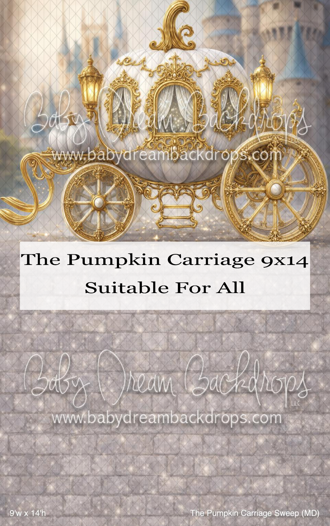 A fairy tale pumpkin carriage photography backdrop with gold details and castle, 9x14ft, by Baby Dream Backdrops.