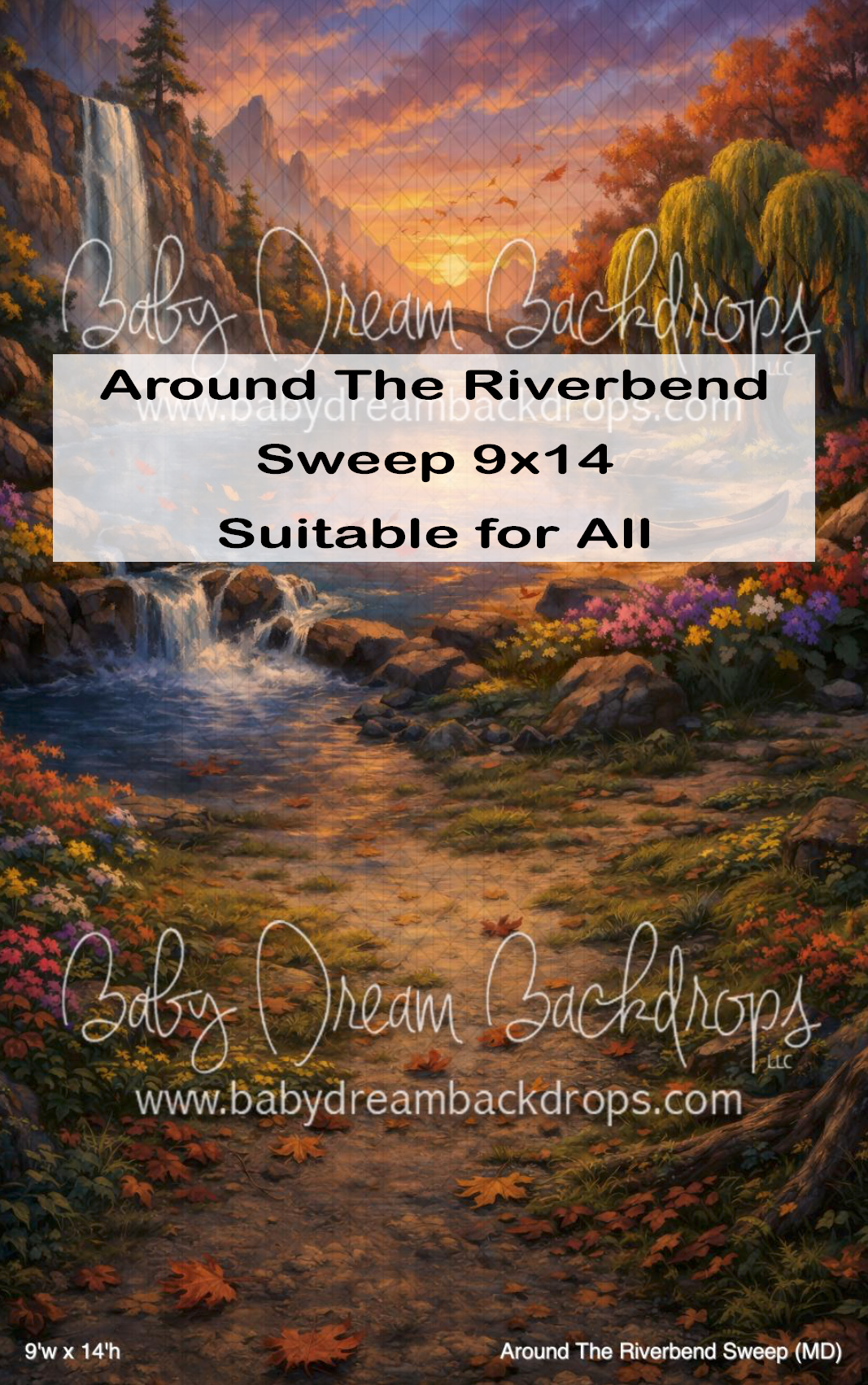 Scenic river bend photography backdrop with waterfall, autumn flowers, and golden sunset sky, 9x14 sweep by Baby Dream Backdrops.