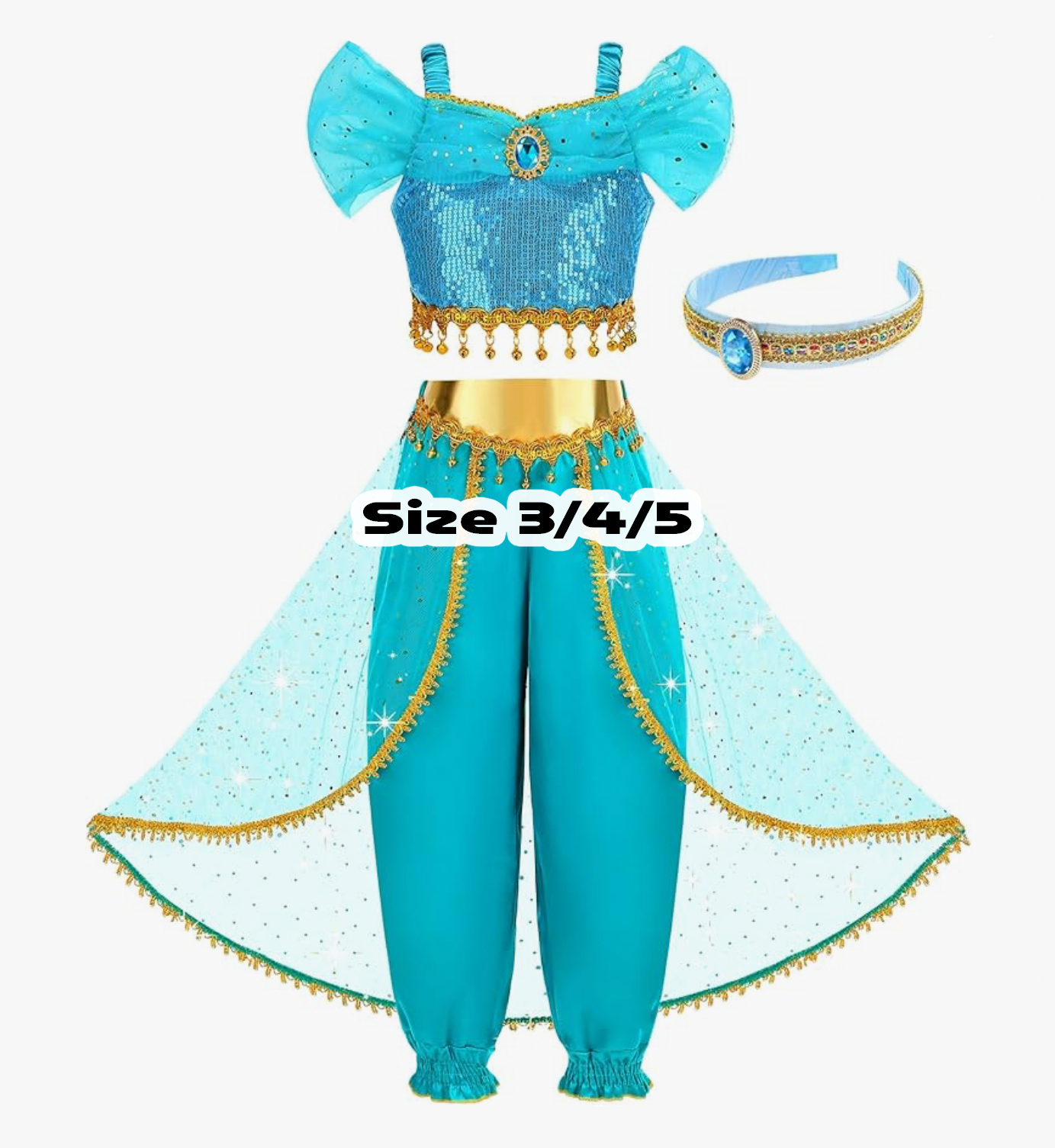 Teal and gold Princess Jasmine costume set with sequin top, harem pants, cape, and headband, size 3/4/5.