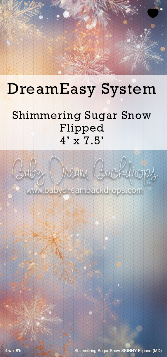 DreamEasy System Shimmering Sugar Snow Flipped 4x7.5ft photography backdrop with snowflakes and bokeh lights.
