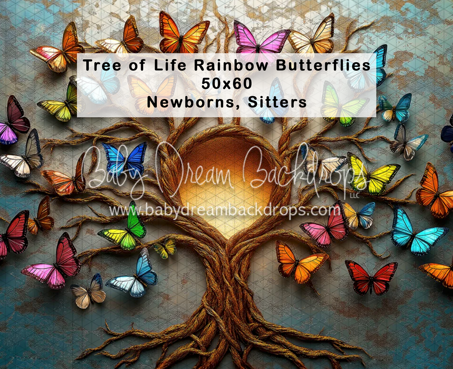 Colorful rainbow butterflies perched on a Tree of Life backdrop, 50x60, ideal for newborn and sitter photography sessions.