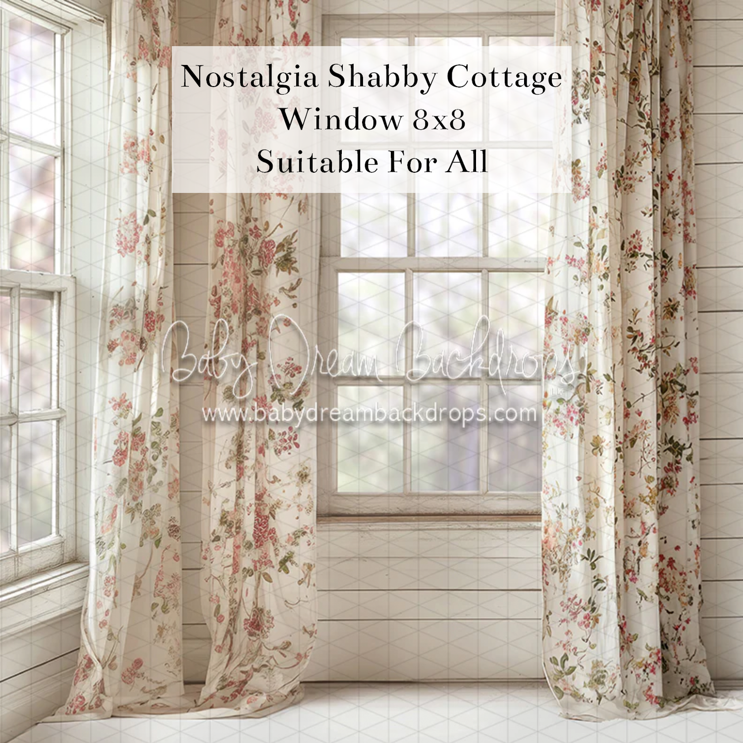 Shabby cottage 8x8 photography backdrop featuring floral curtains and bright window for versatile photo sessions.