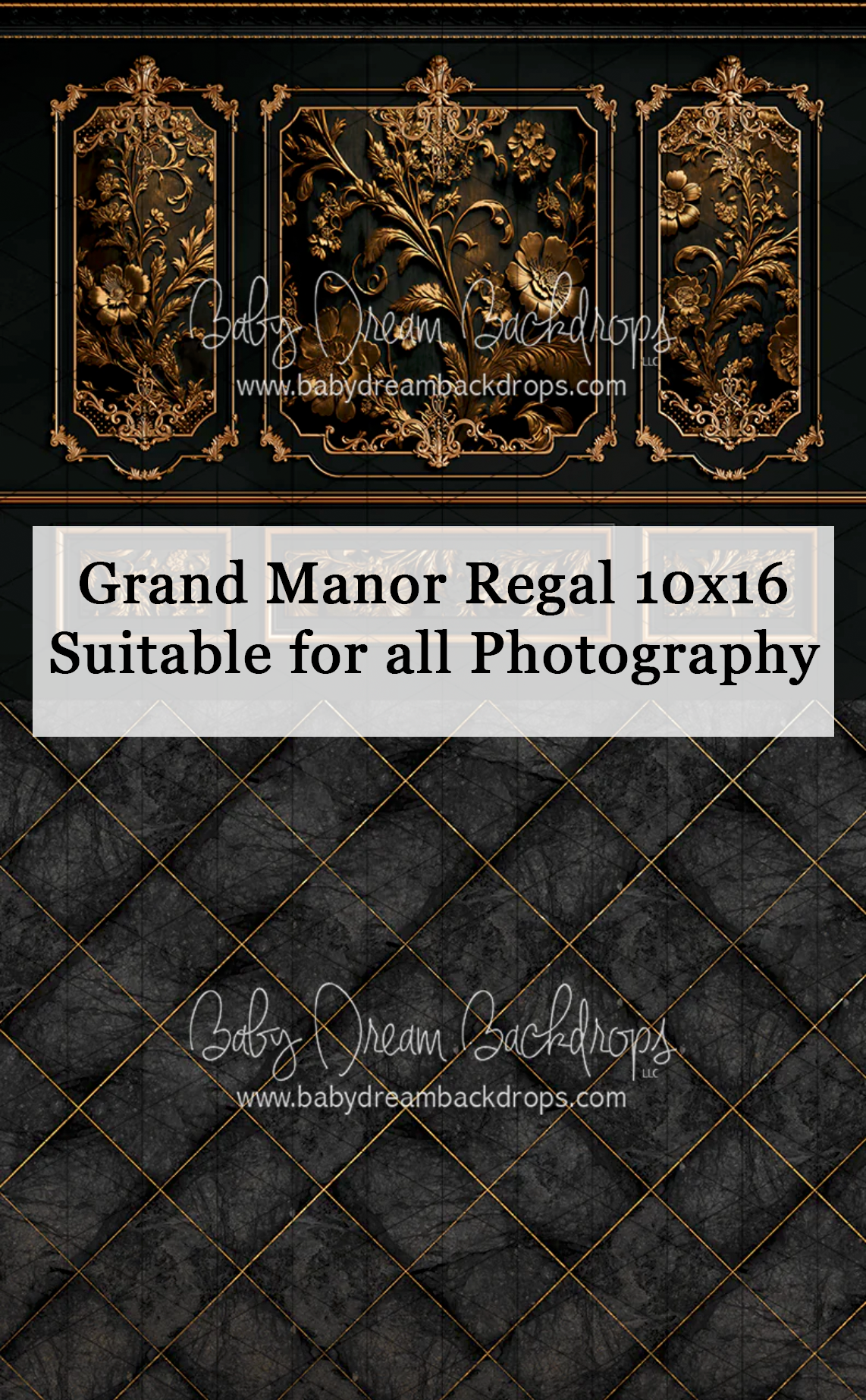 Grand Manor Regal 10x16 photography backdrop featuring ornate gold floral panels and dark quilted diamond pattern by Baby Dream Backdrops.
