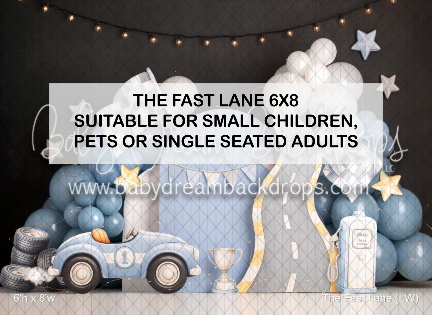 Race car themed photography backdrop 6x8ft featuring balloons, vintage blue car, and stars, ideal for children, pets, or seated adults.