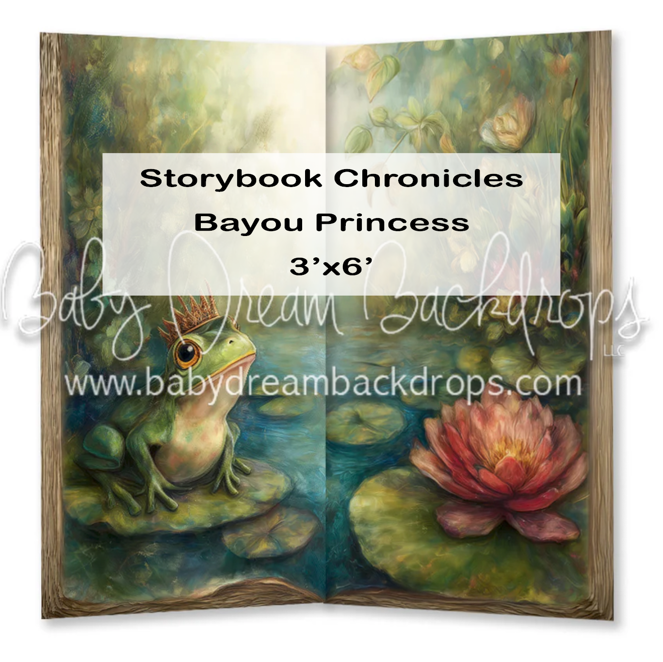 Storybook Chronicles Bayou Princess 3x6 photography backdrop with frog, lily pads, and water lilies.