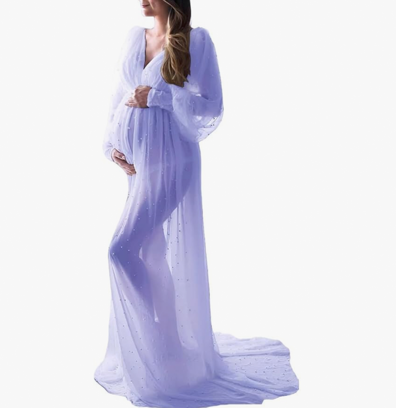 Lavender sheer chiffon wrap maternity gown with long flowing train.