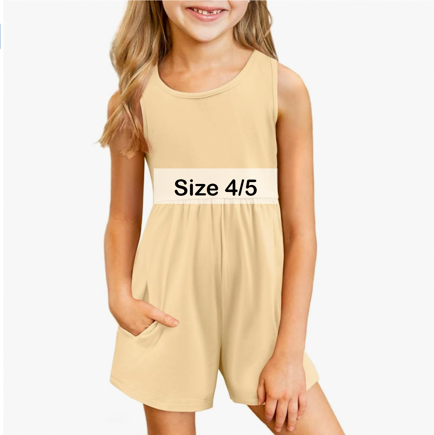 Girls size 4/5 beige sleeveless romper with pockets.