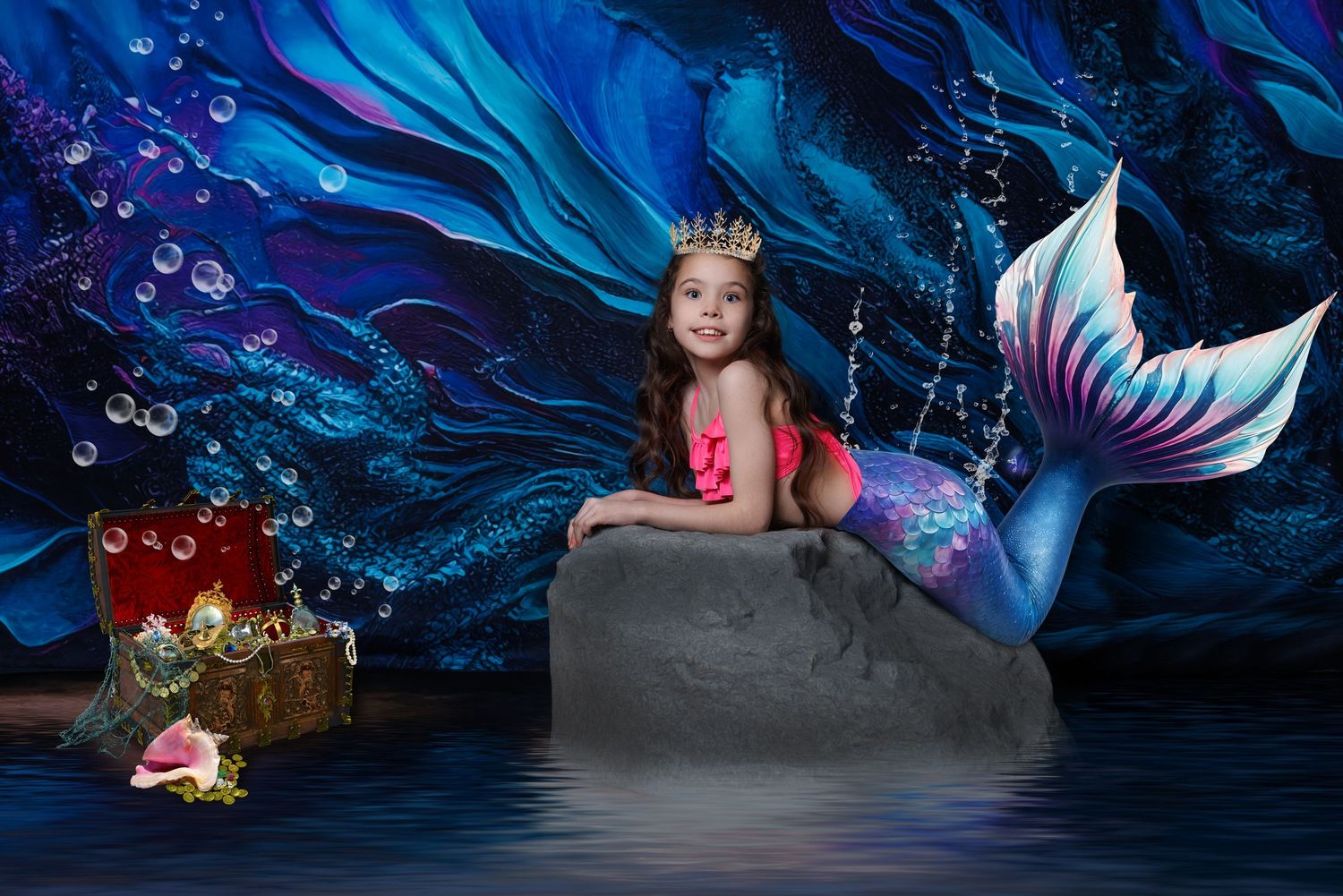 A girl in a mermaid costume with a purple tail and crown sits on a rock beside a treasure chest.