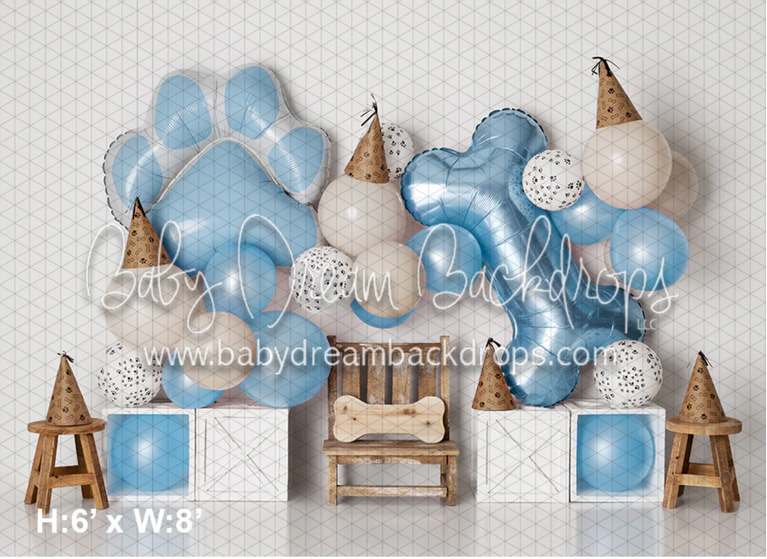 Blue dog paw and bone balloon backdrop with party hats, 6x8ft baby photography background.
