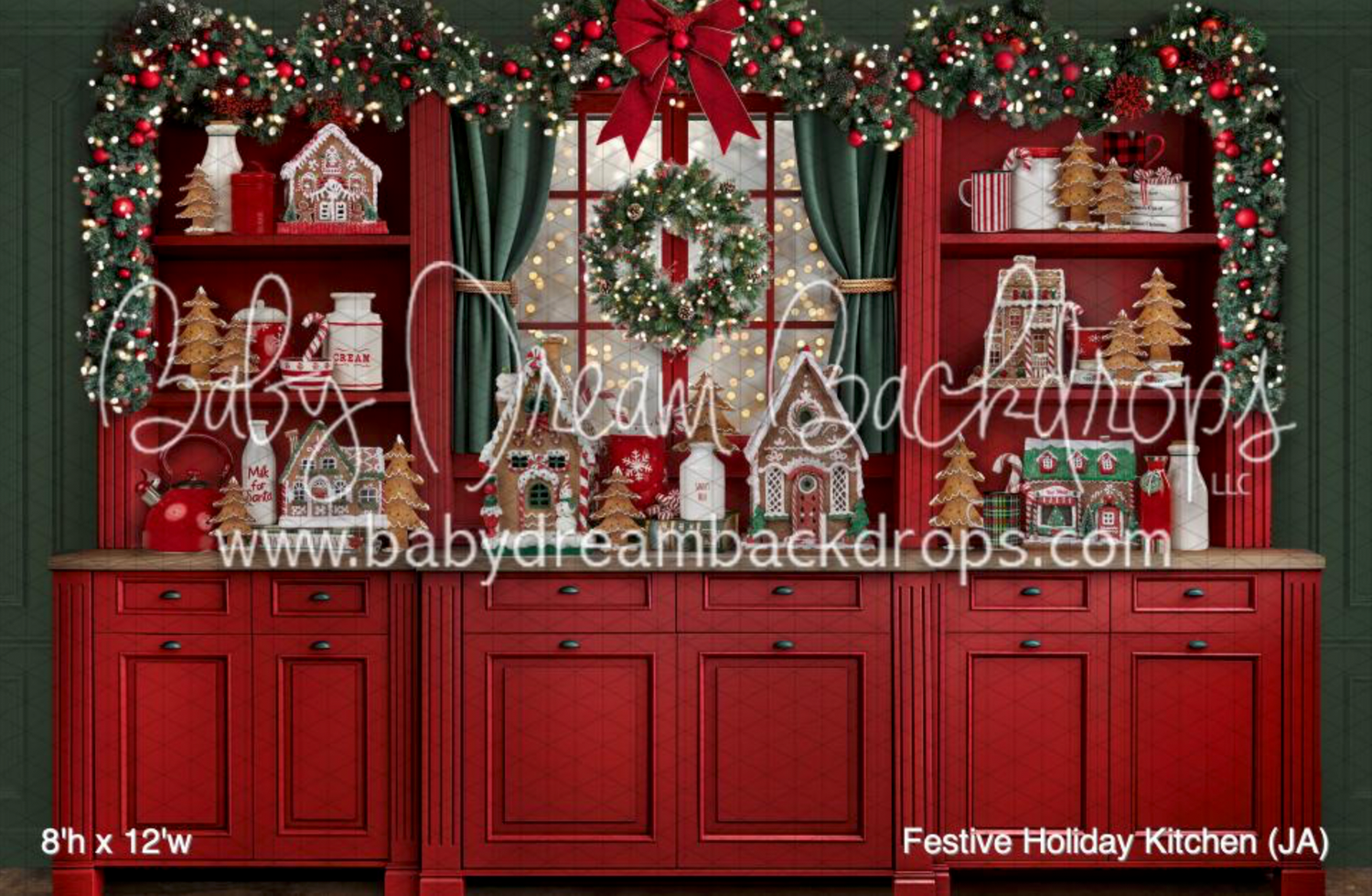 Red holiday kitchen photography backdrop with festive decorations, gingerbread house, and Christmas wreath, 8ft x 12ft.