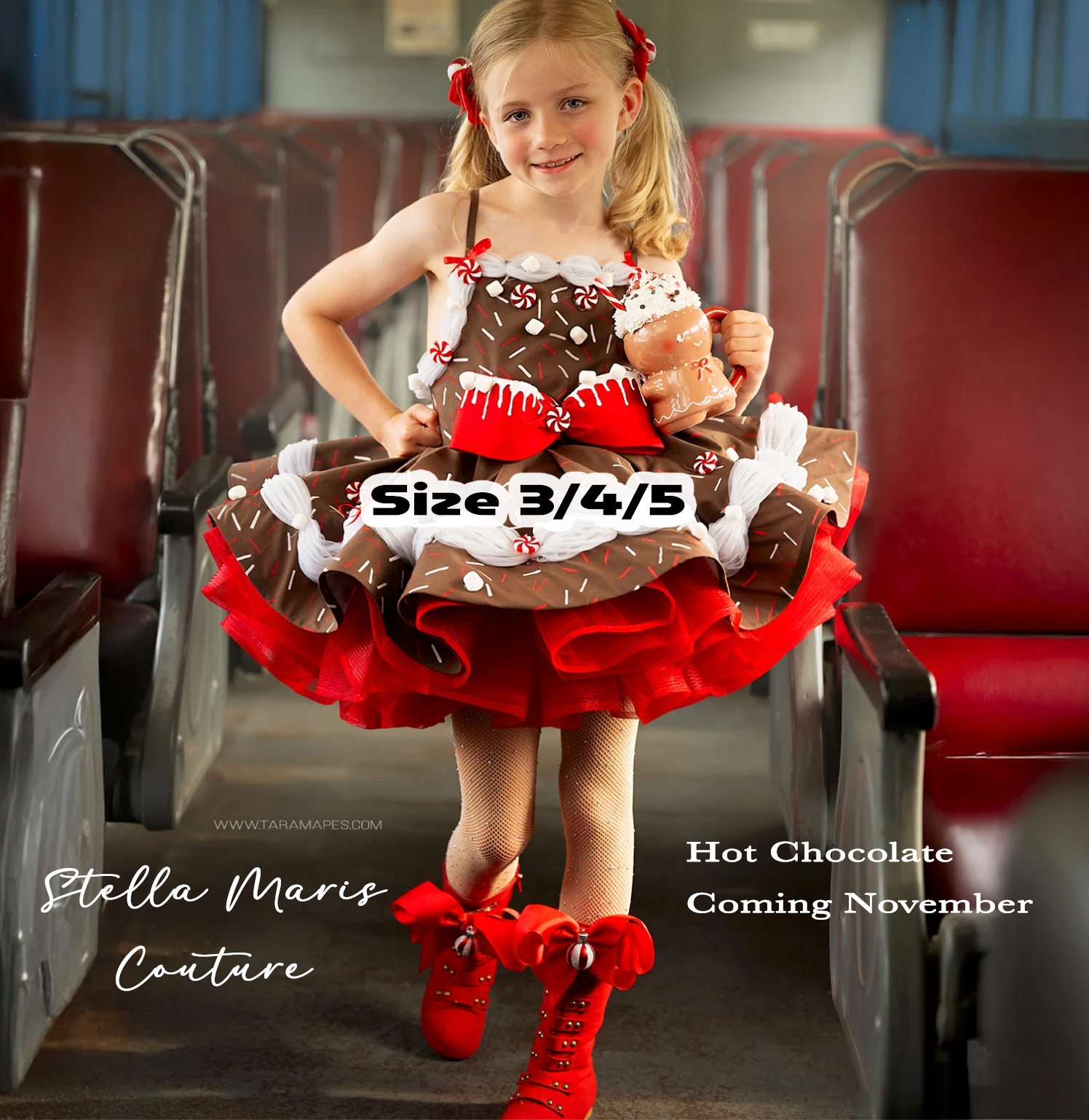 Girl in a hot chocolate themed brown and red tutu dress with festive accessories, Size 3/4/5, by Stella Maris Couture.