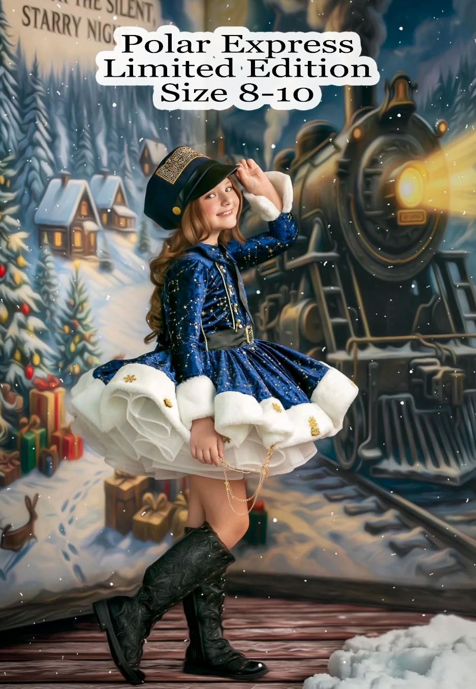 Girl in blue sequin dress with white ruffle hem and black hat poses before Polar Express train backdrop, size 8-10.