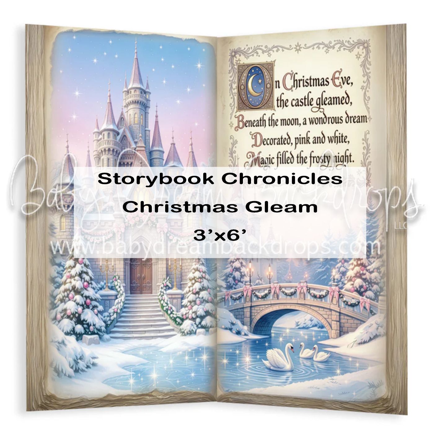 Storybook Chronicles Christmas Gleam 3x6 ft backdrop featuring a fairy tale castle in a snowy winter scene.