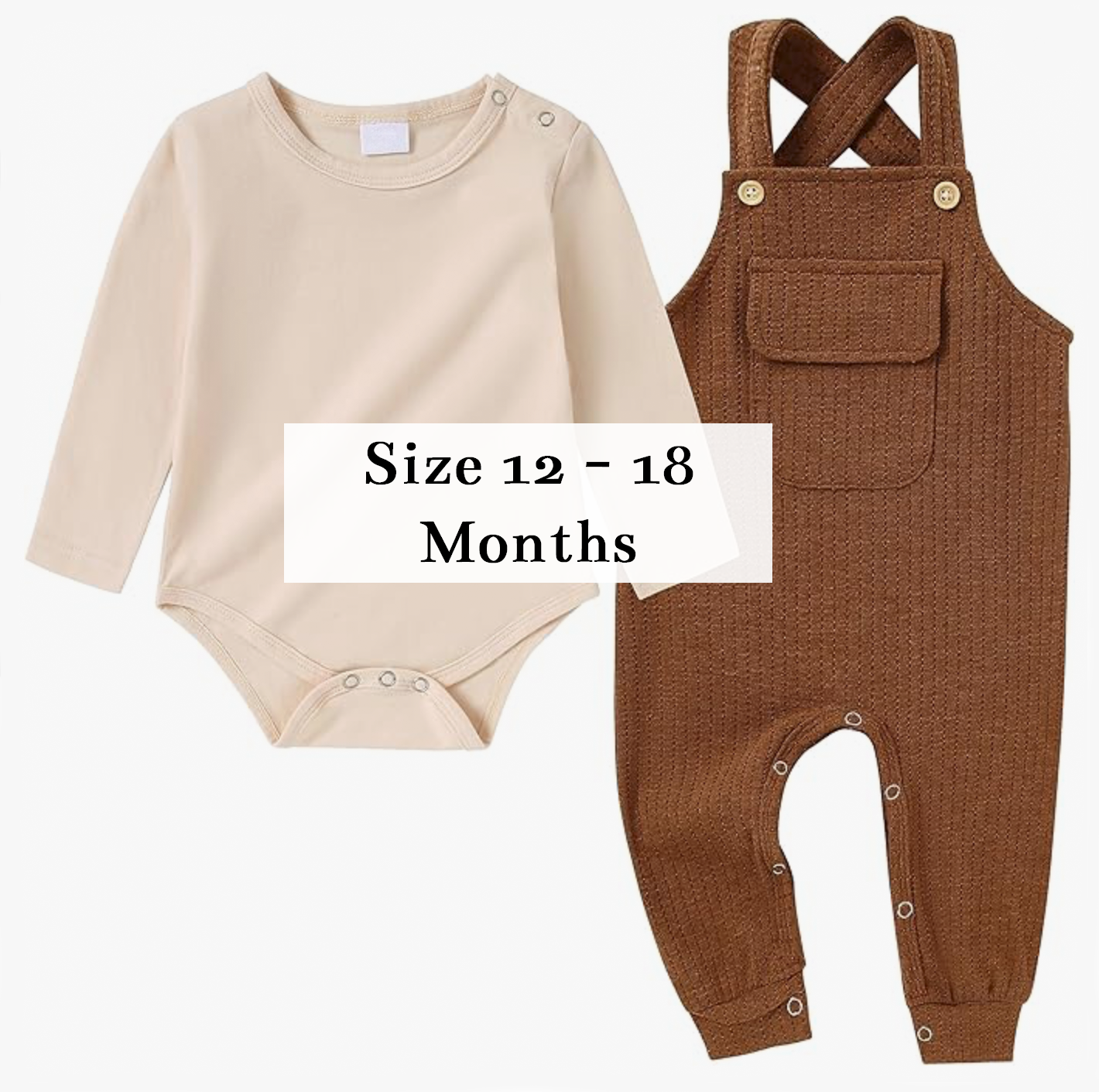 Baby 12-18 month outfit set with beige long-sleeve onesie and brown ribbed overalls.