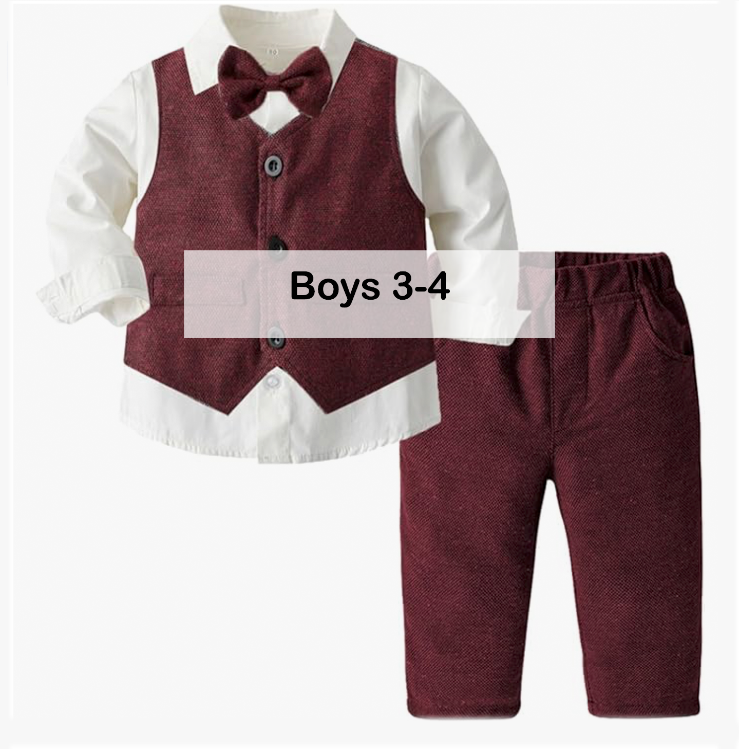 Boys burgundy formal vest, bow tie, shirt and pants 4-piece outfit set, size 3-4.