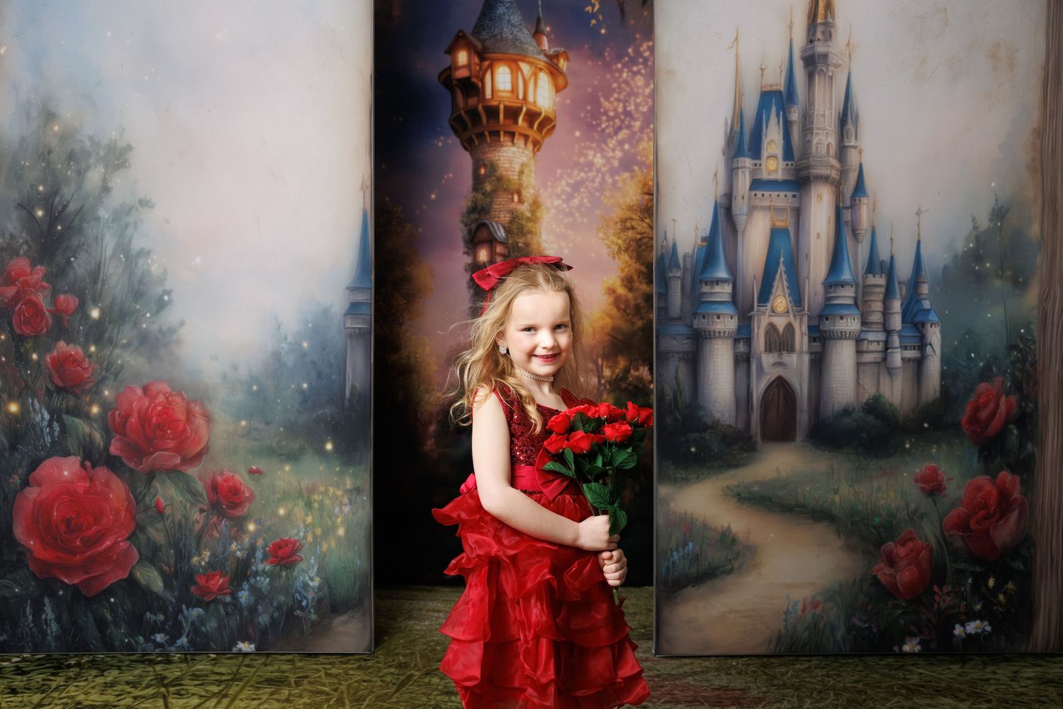 A smiling girl in a red dress holds roses before a fairy tale castle and Rapunzel tower painted backdrop.