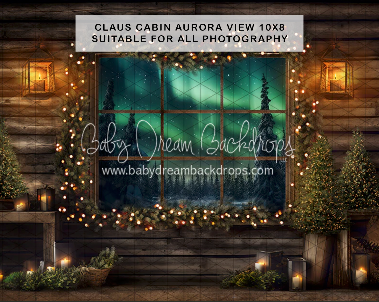 Claus Cabin Aurora View photography backdrop with northern lights, fairy lights, and rustic cabin, 10x8ft.