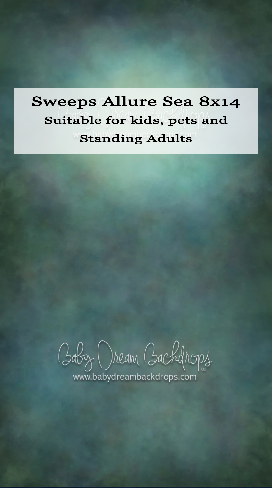 Teal and green mottled Allure Sea photography backdrop sweep, 8x14, for kids, pets, and standing adults.