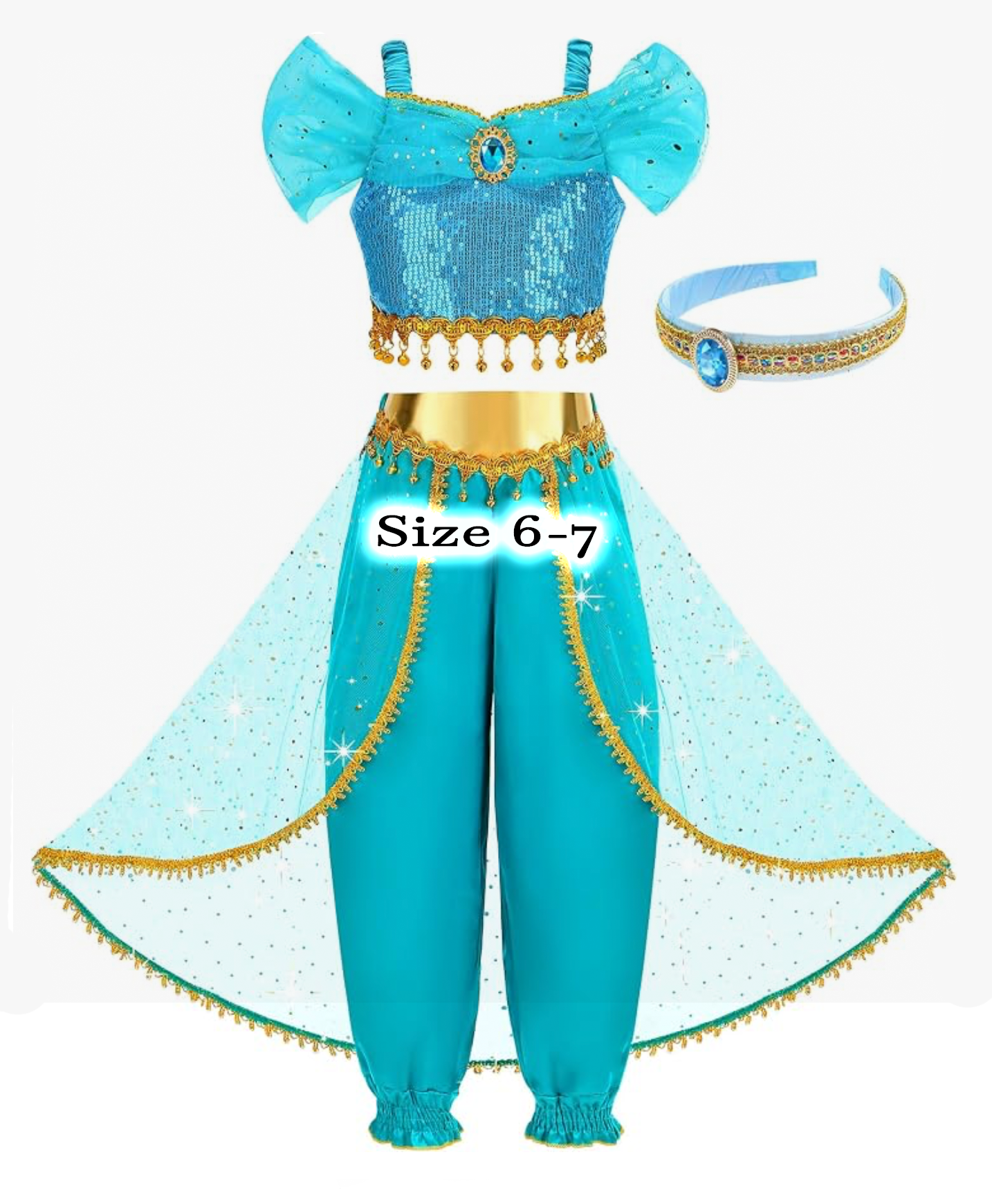 Teal and gold Princess Jasmine costume set for girls size 6-7, includes sequin top, harem pants, cape, and headband.