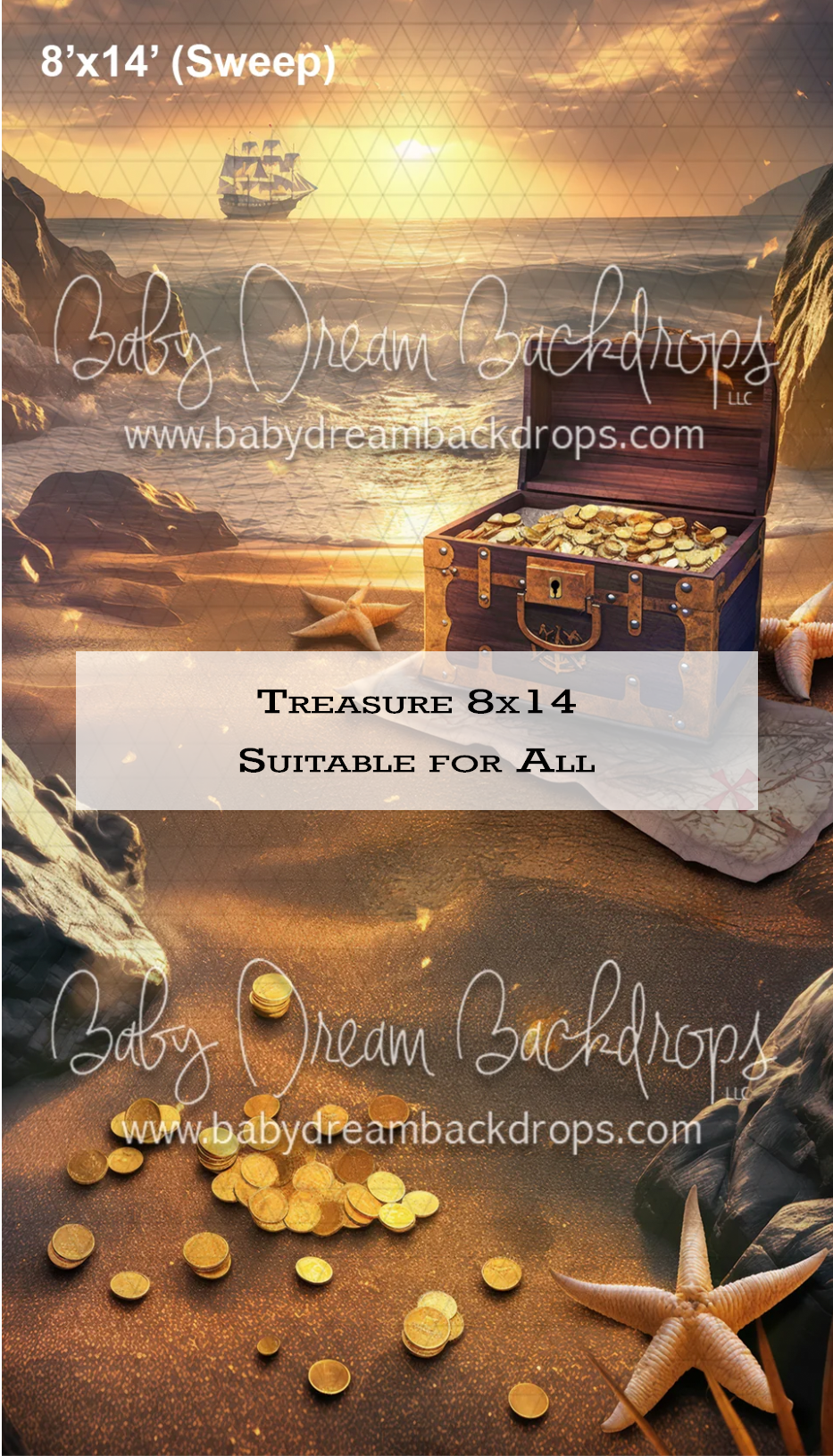 Pirate treasure chest backdrop with gold coins, starfish, and ship on beach, 8x14 sweep photography background.