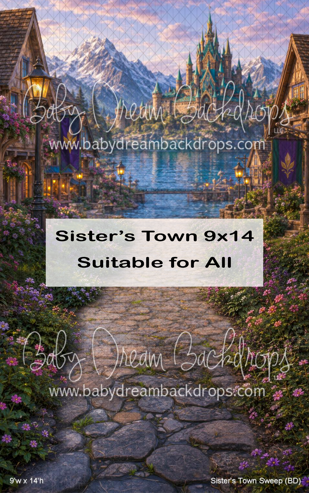 Fantasy village backdrop with cobblestone path, colorful flowers, mountain castle, and warm street lamps by Baby Dream Backdrops.