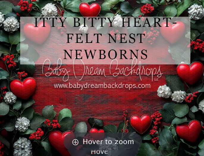 Red hearts, berries, and greenery surround a festive Valentine's Day newborn photography backdrop by Baby Dream Backdrops.