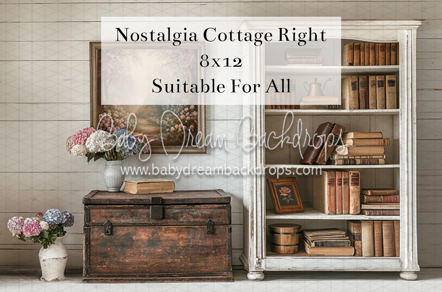 Nostalgic cottage bookshelf photography backdrop featuring rustic wooden trunk, vintage books, and floral arrangement.