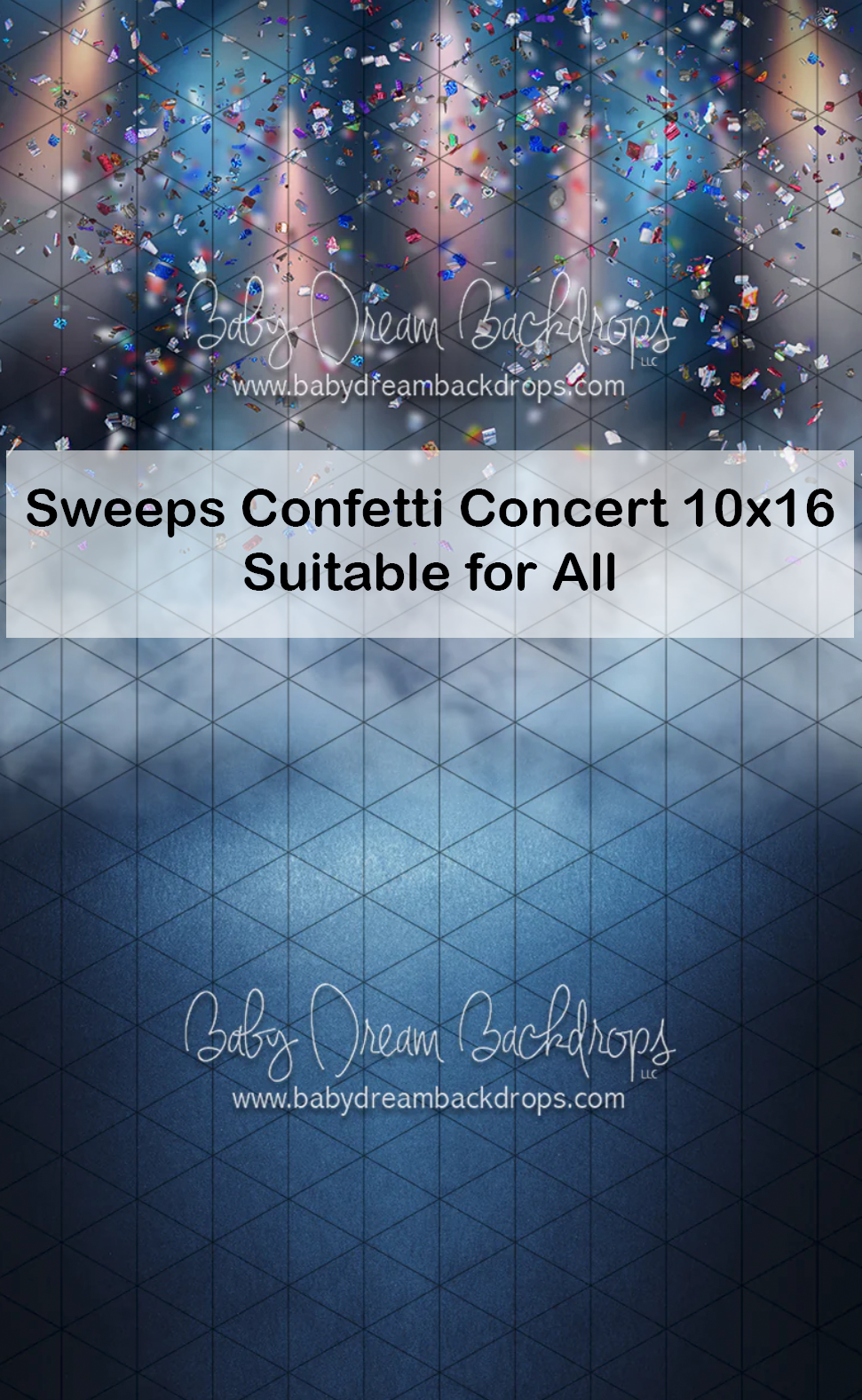 Blue geometric concert stage photography backdrop with falling confetti, 10x16 sweep suitable for all photography.