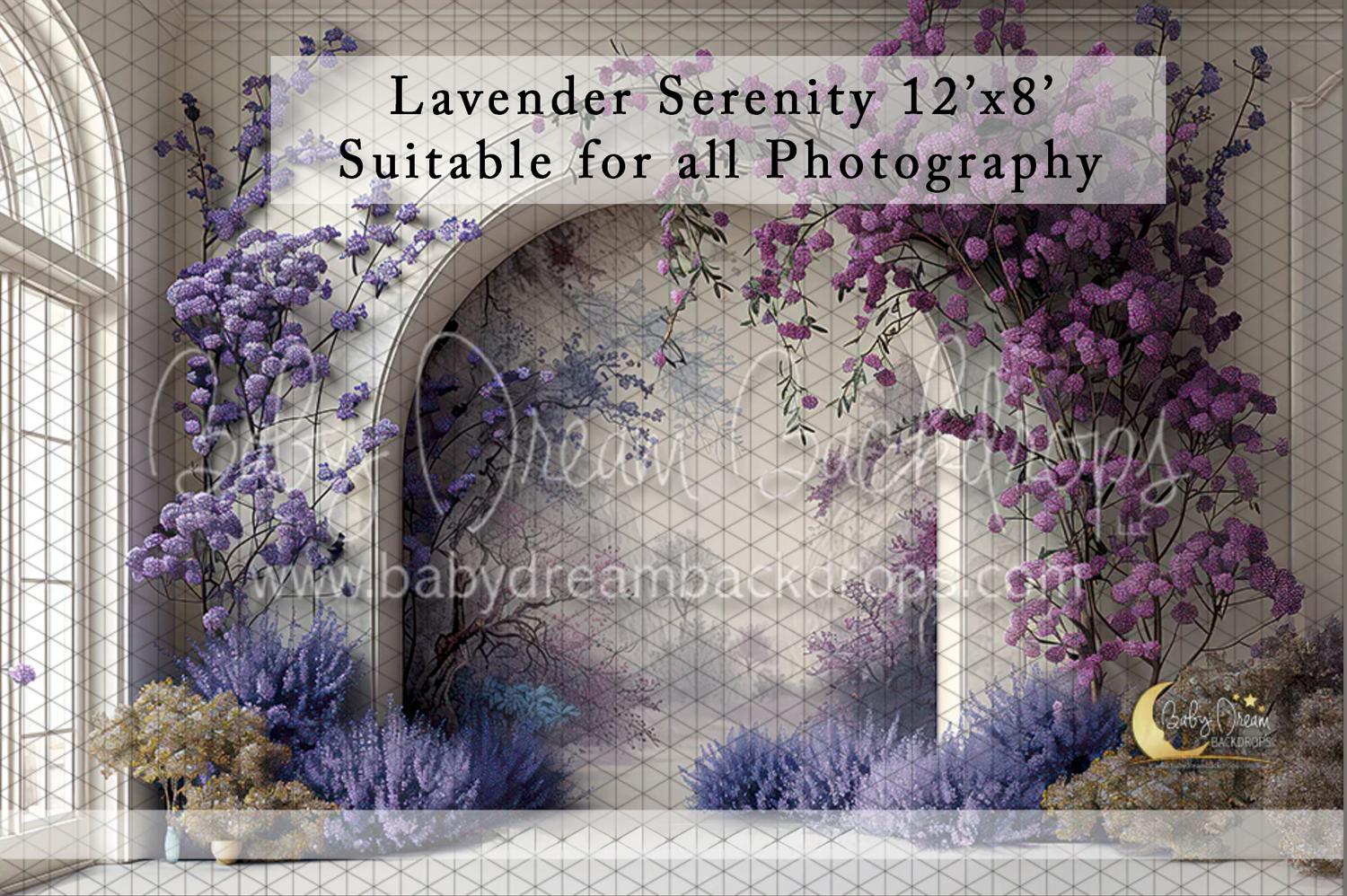 Lavender Serenity 12x8 photography backdrop featuring purple flowers and an elegant arch.