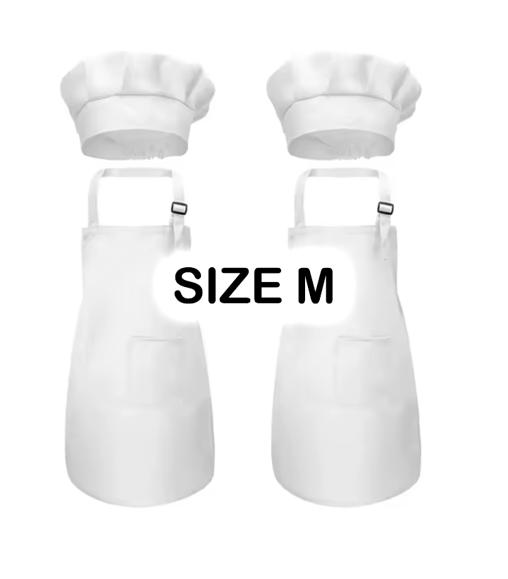 Two white Size M chef aprons with matching chef hats displayed on a white background.