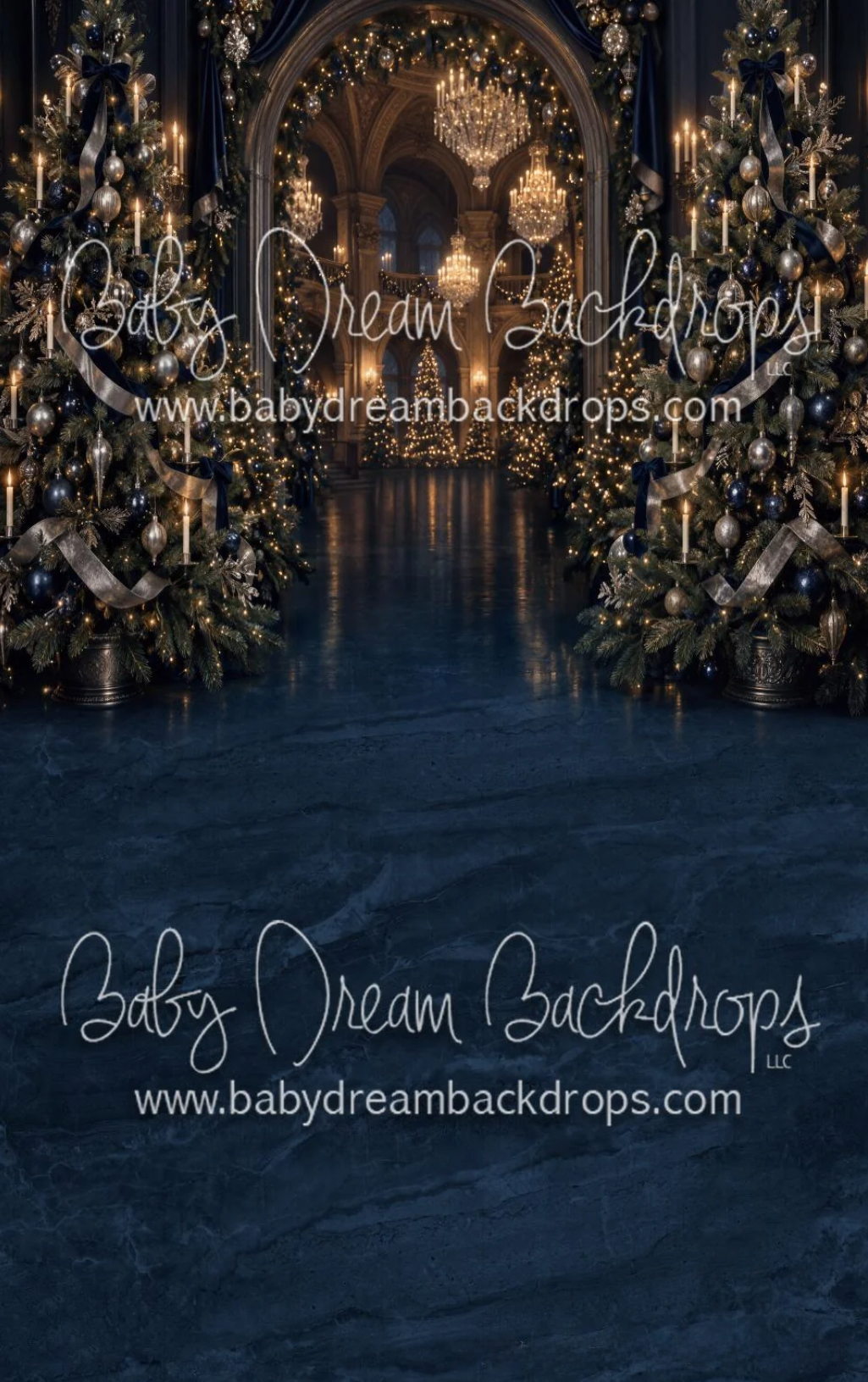Elegant Christmas photography backdrop with dark blue marble floor, decorated trees, candles, and grand chandeliers.
