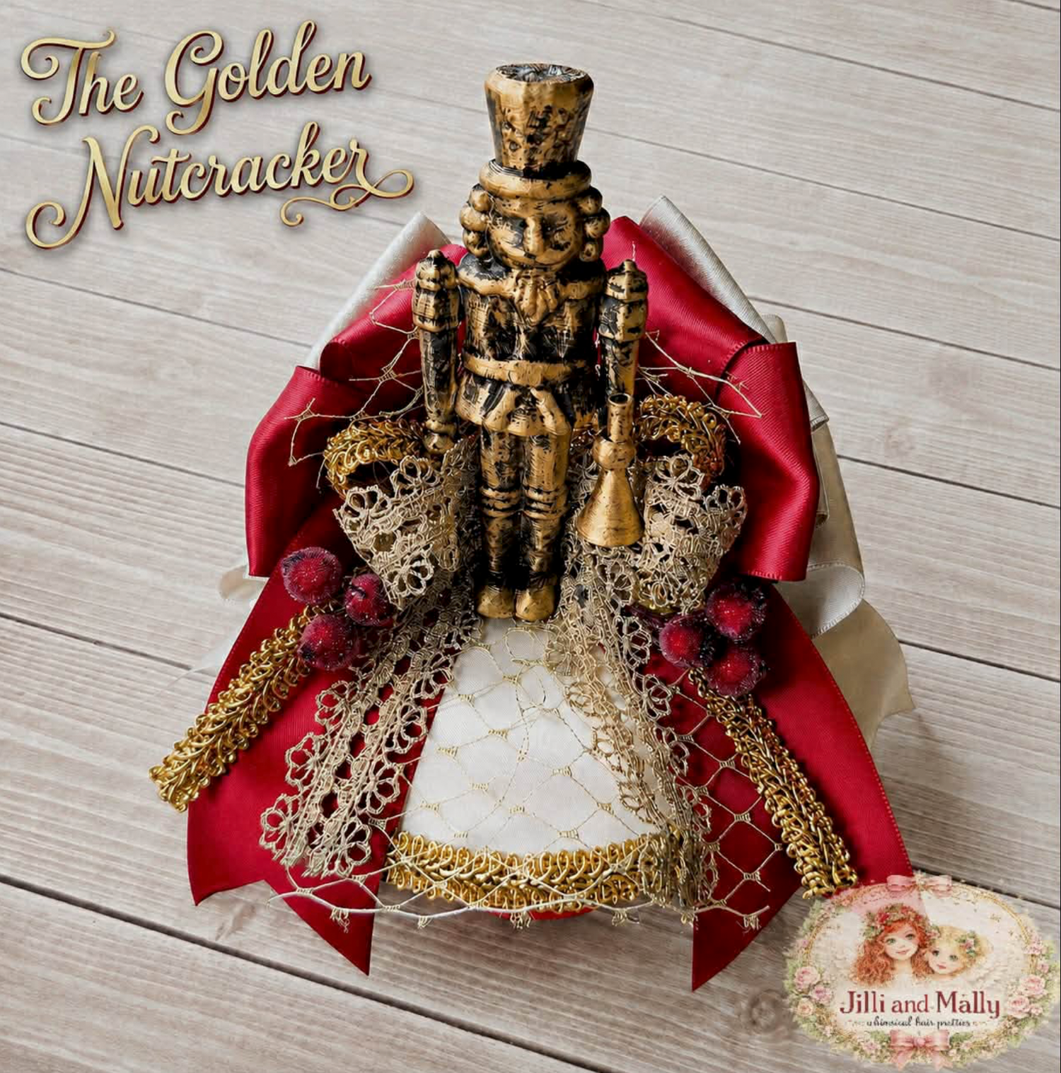 Golden Nutcracker holiday decoration with red satin ribbon, gold lace trim, and ornate details on a wooden surface.