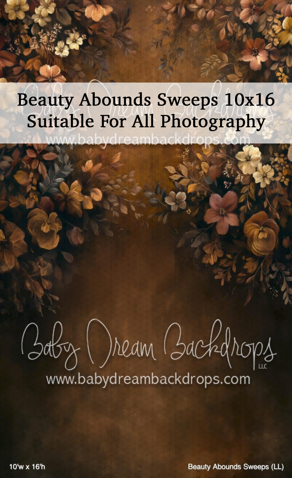 Baby Dream Backdrops Beauty Abounds Sweeps 10x16 photography backdrop featuring dark floral arrangement on brown background.