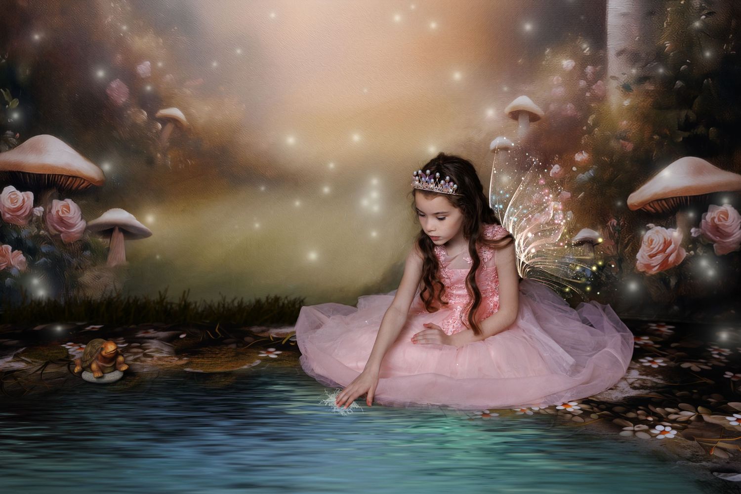 A fairy girl in a pink dress sits by a glowing enchanted pond surrounded by mushrooms and roses.