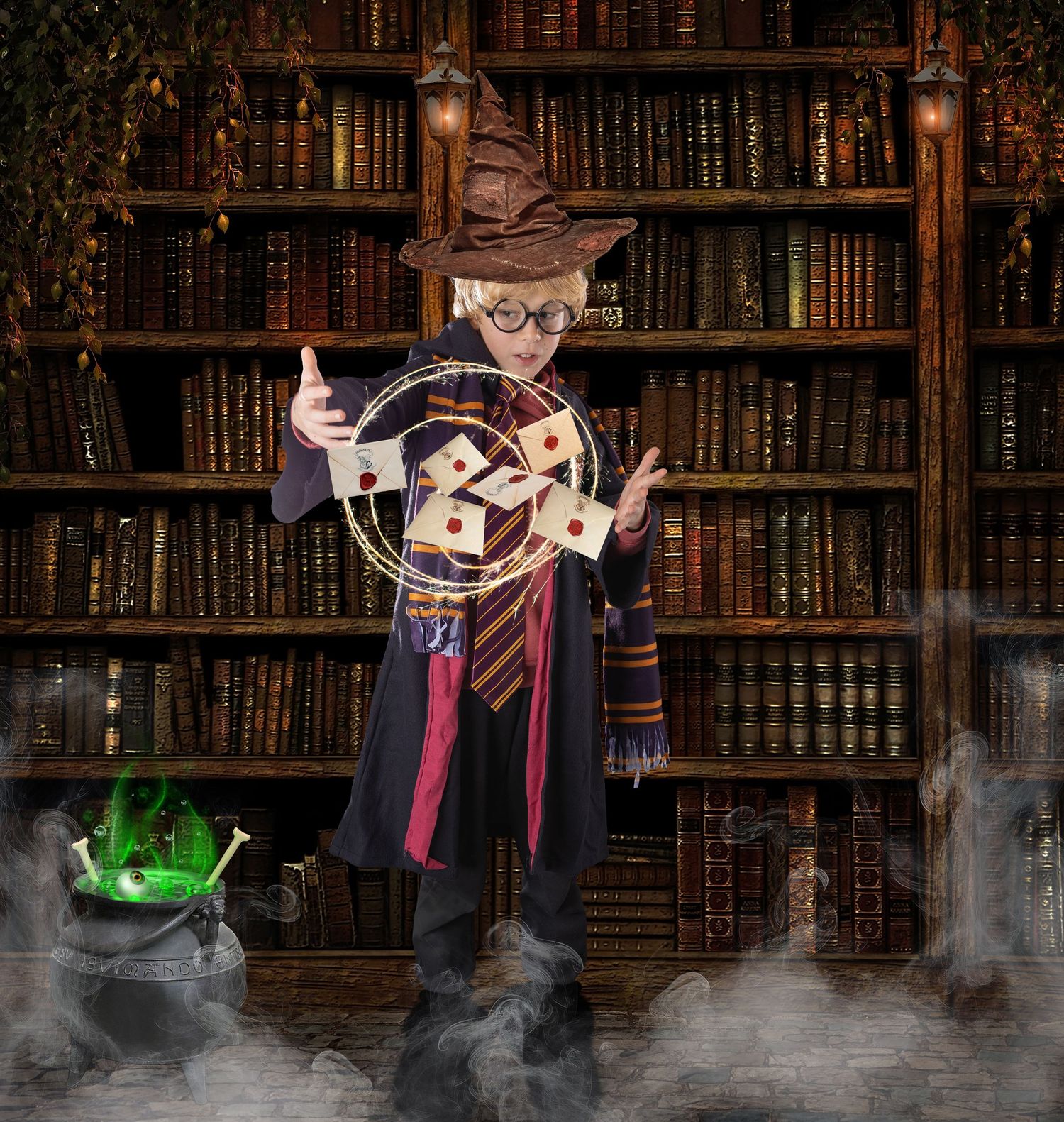 Young wizard in Harry Potter costume conjuring floating playing cards in a magical library setting.