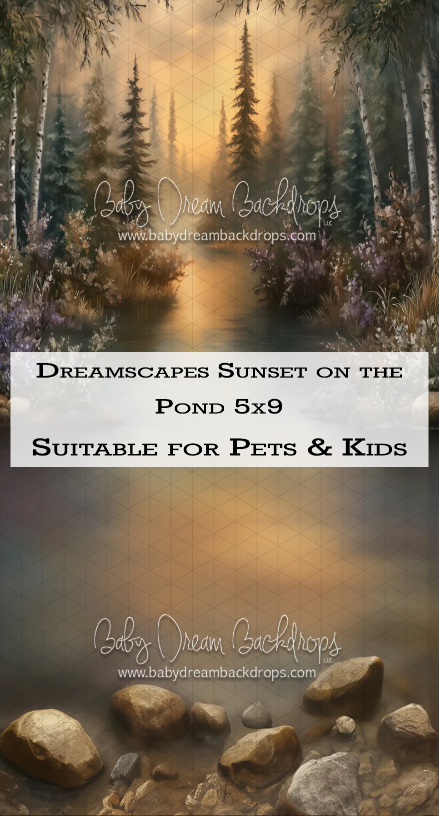 Baby Dream Backdrops Dreamscapes Sunset on the Pond 5x9 photography backdrop suitable for pets and kids.