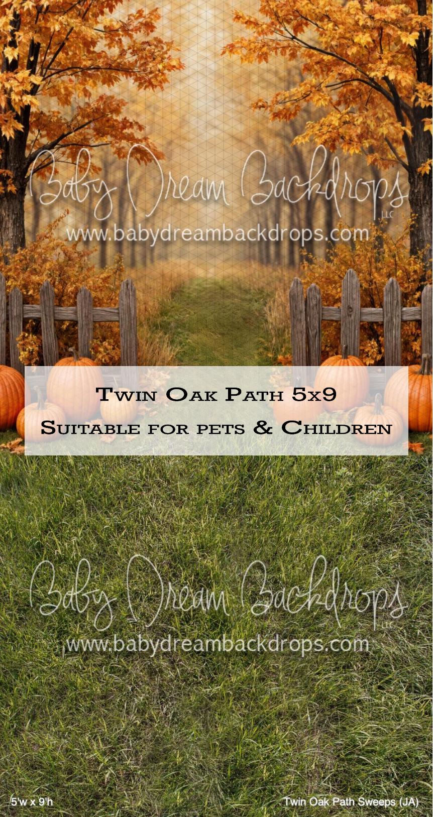Autumn fall photography backdrop featuring oak tree path, wooden fence, pumpkins, and green grass sweep for pets and children.
