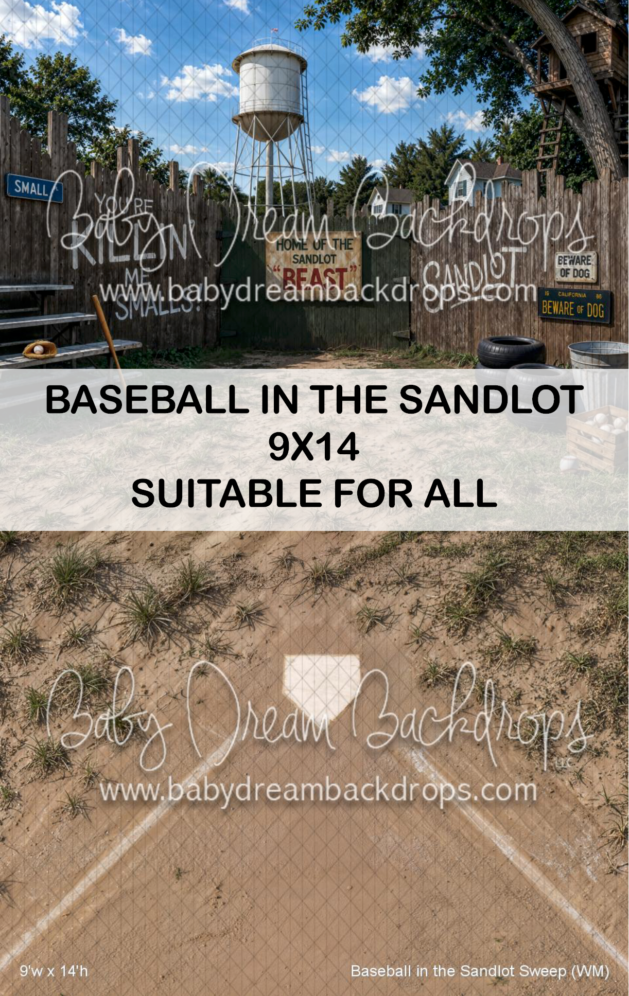 Baseball in the Sandlot 9x14 photography backdrop featuring a vintage sandlot field with water tower and home plate sweep.