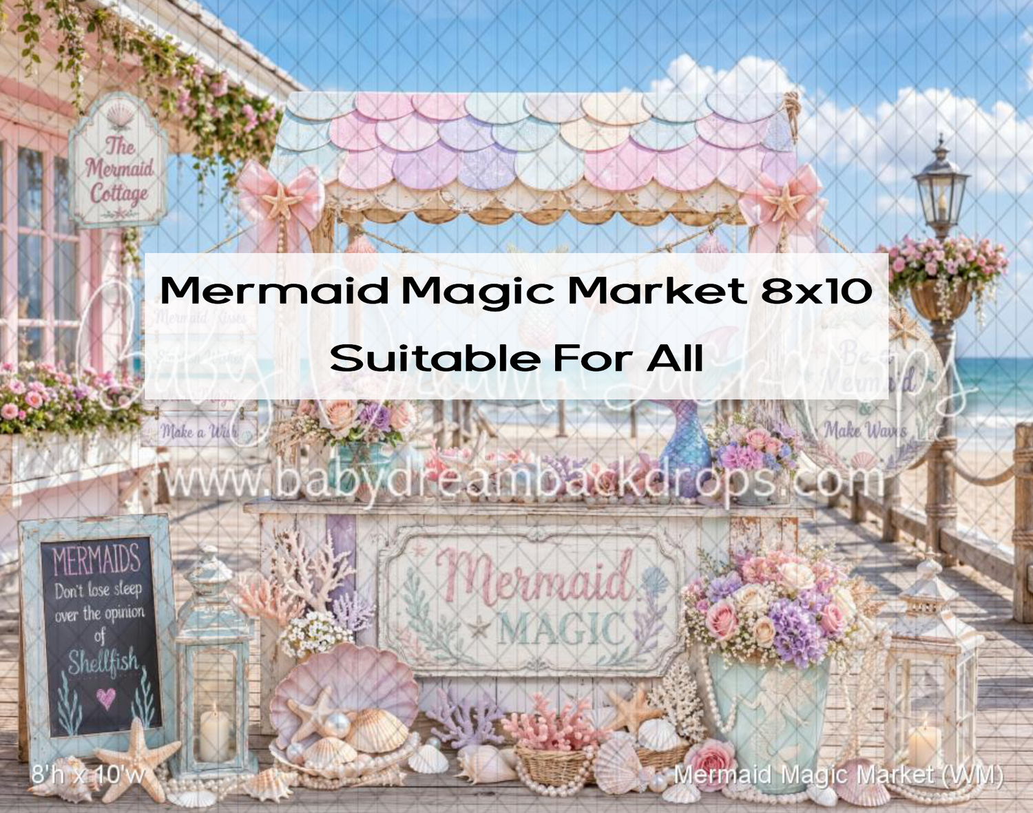 Mermaid Magic Market 8x10 photography backdrop featuring a whimsical seaside shop with pastel scales, shells, and floral decor.