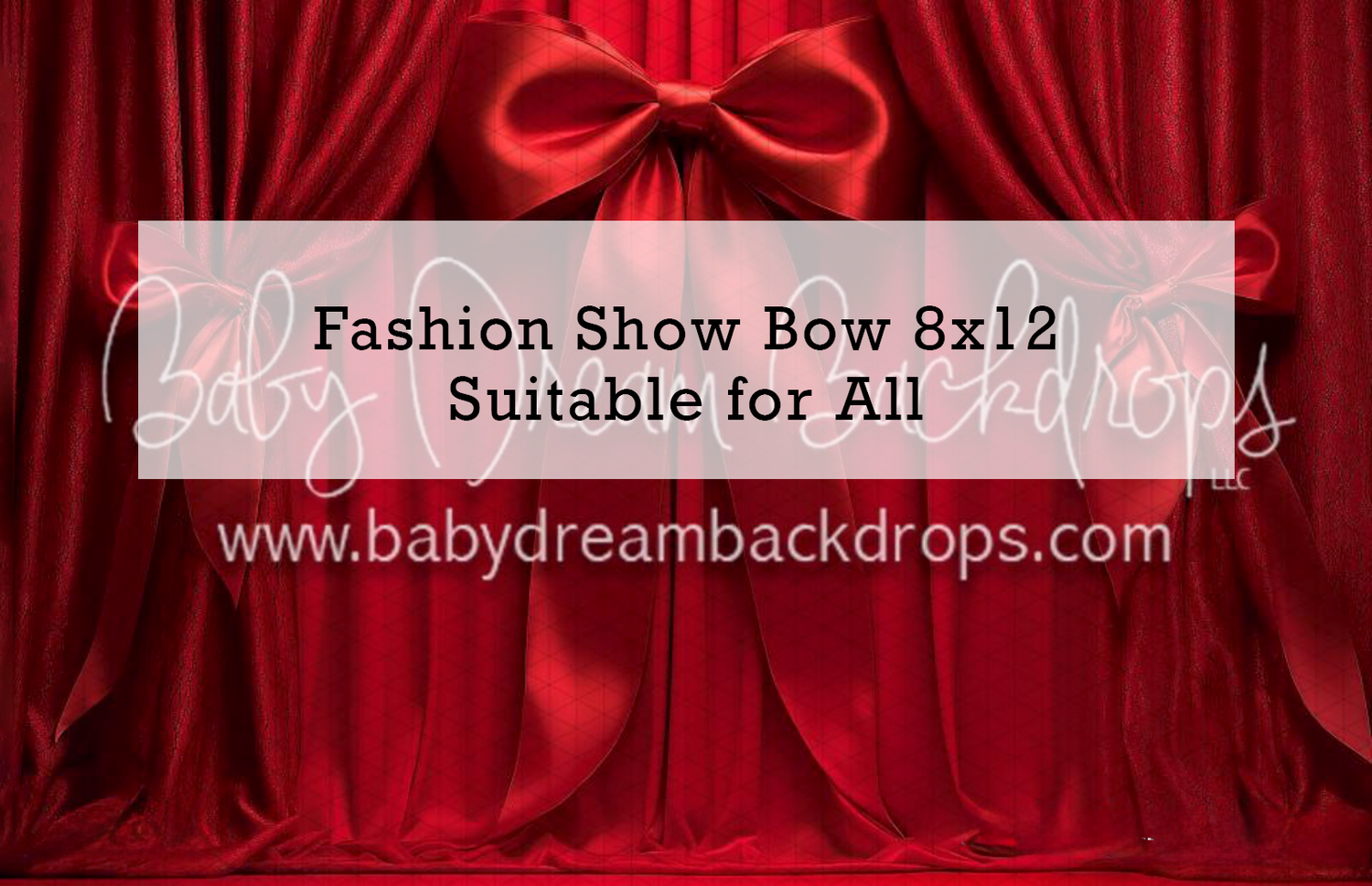 Fashion Show Bow 8x12 photography backdrop featuring dramatic red velvet curtains with elegant red satin bow.