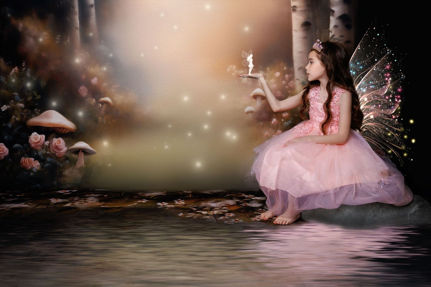 A fairy girl in pink holds a tiny glowing fairy while sitting by an enchanted forest pond.