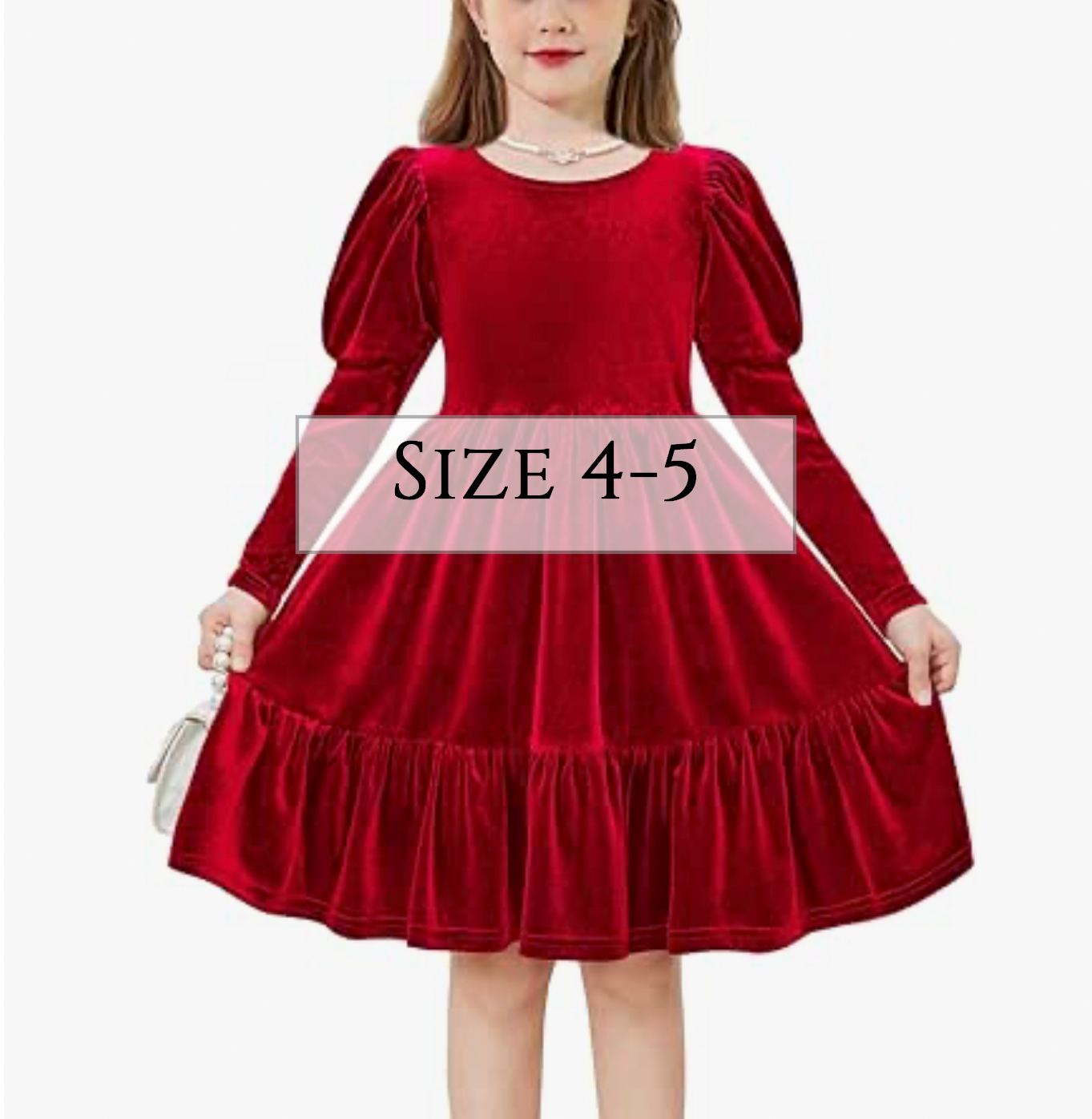 Red velvet long sleeve tiered dress with puff sleeves for girls size 4-5.