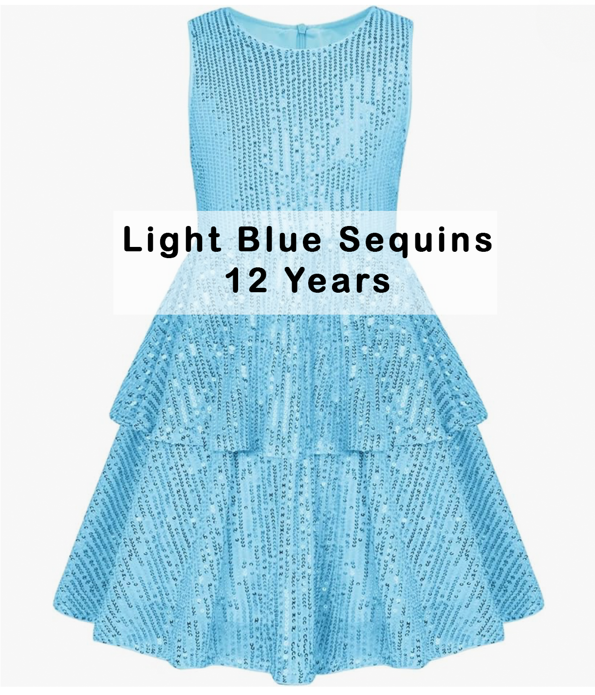 Girls light blue tiered sequin sleeveless party dress, size 12 years.